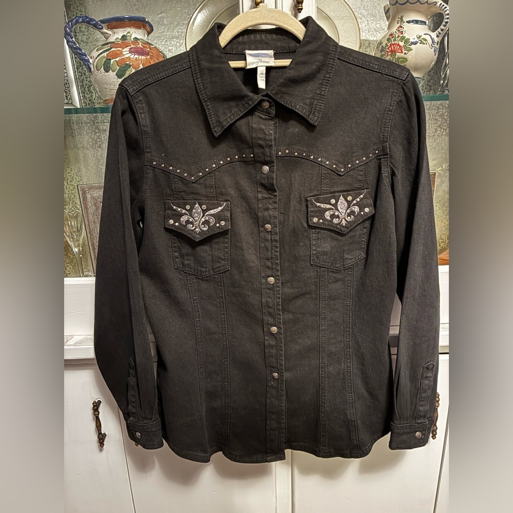 Diane Gilman Black Denim Western Style Jacket Silver snaps & Details M